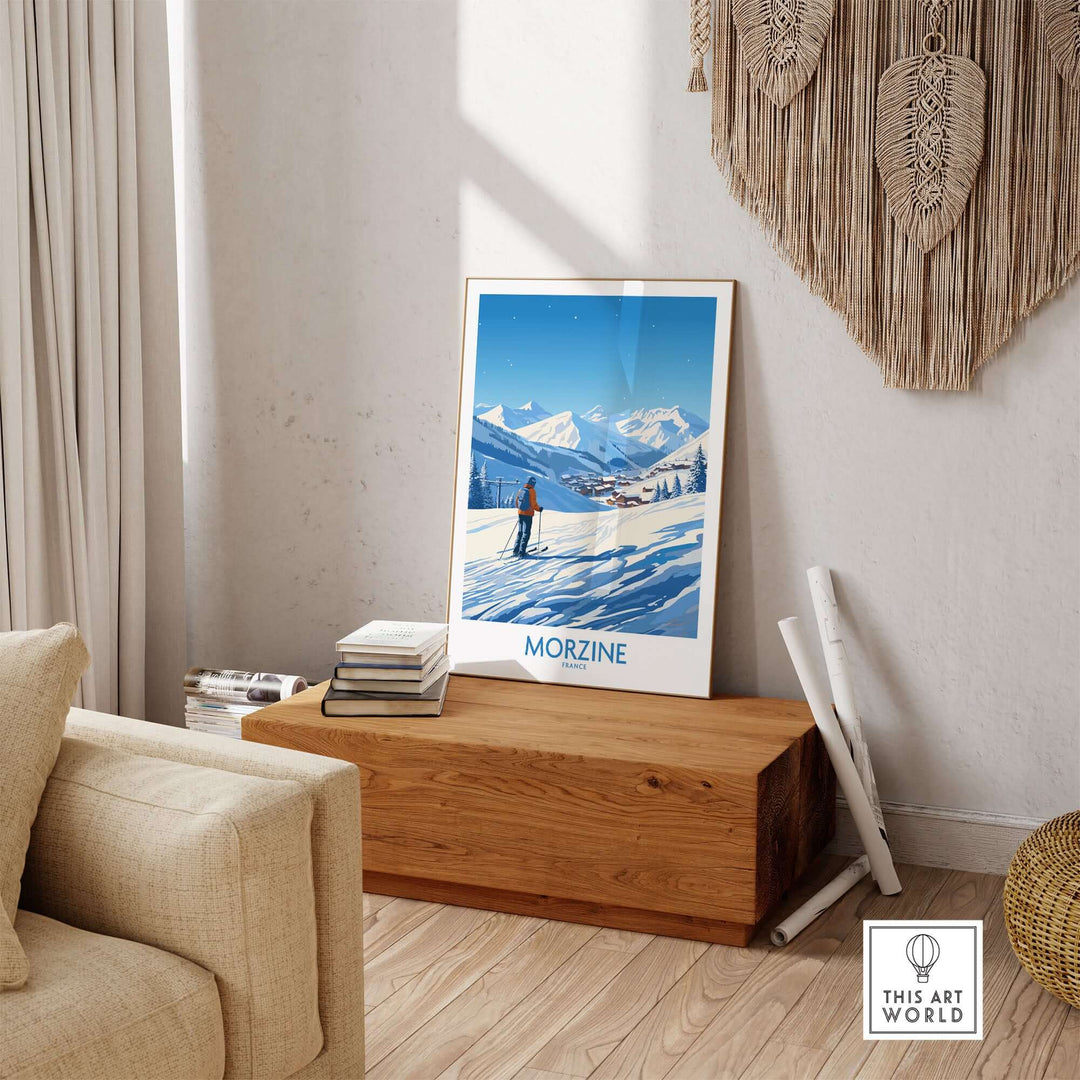 Morzine wall art in a cozy living room with a wooden bench and textured wall decor, showcasing snowy mountain scenery.