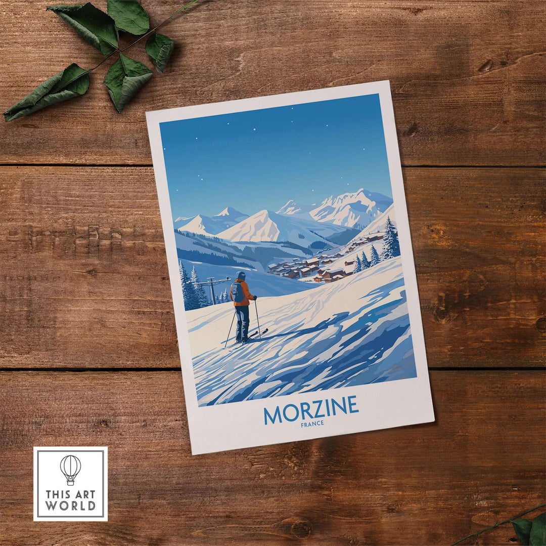 Morzine wall art poster depicting a skier overlooking snowy mountains, perfect for home decor