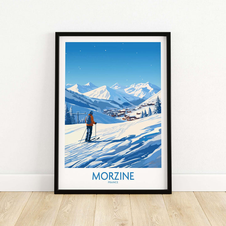 Morzine wall art featuring a skier in a snowy mountain landscape, perfect for home decor and adventure lovers.