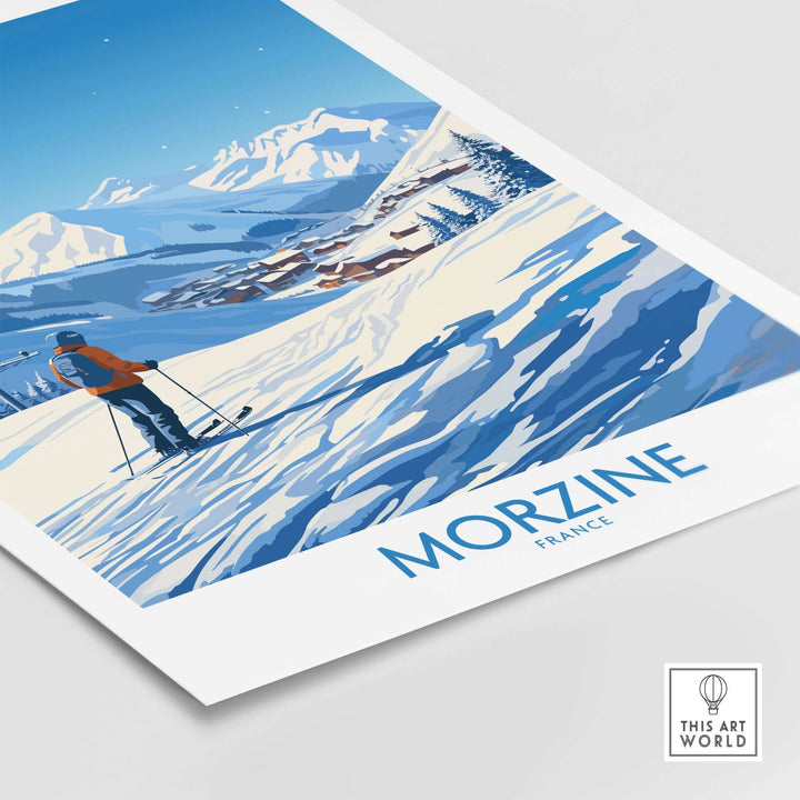 Morzine wall art featuring a skier on snowy slopes with mountain view, perfect for alpine decor lovers