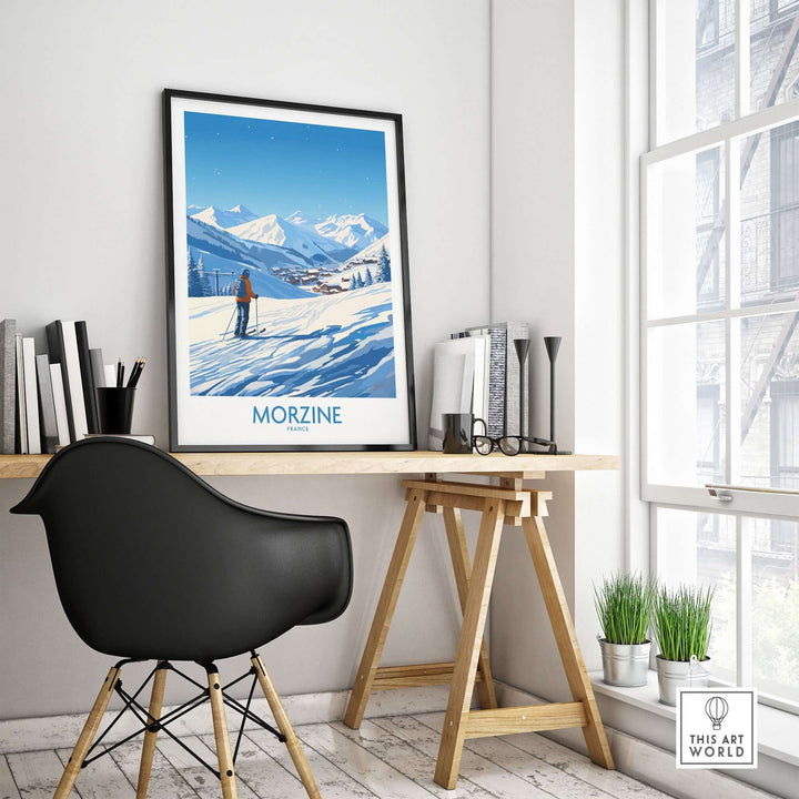 Morzine wall art in stylish workspace with chair and books, showcasing a snowy mountain landscape and skier, enhancing modern decor.