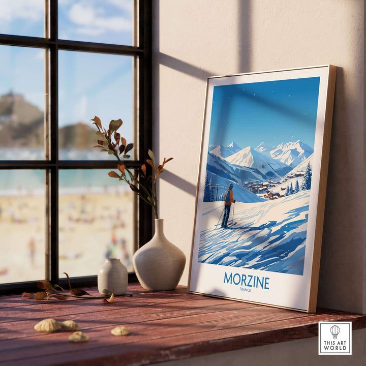 Morzine wall art on windowsill, showcasing snowy mountain scene with blue sky, framed by vases and natural light.