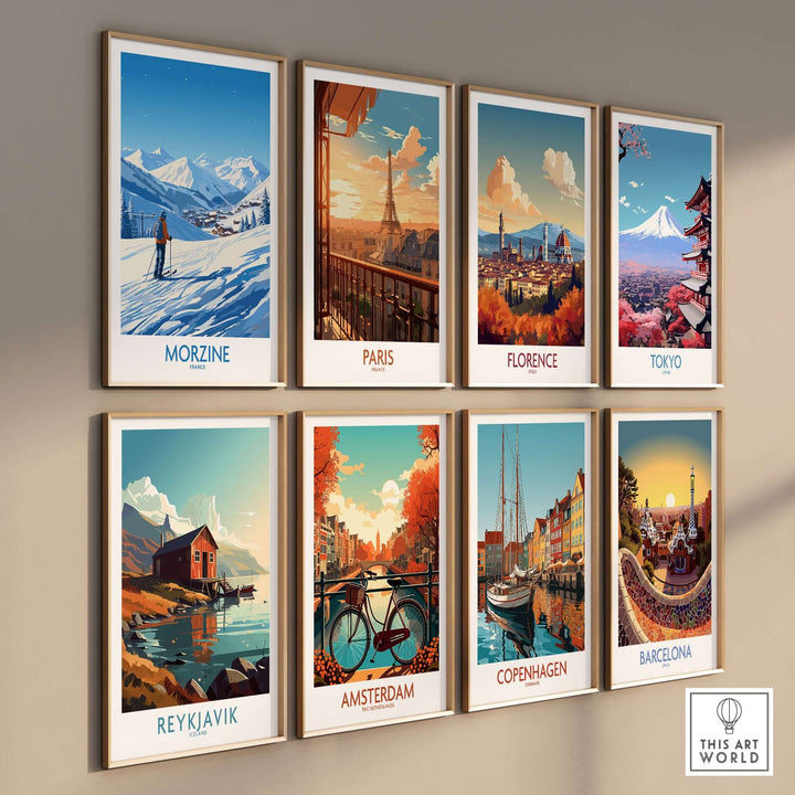 Gallery wall featuring Morzine, Paris, Florence, Tokyo, Reykjavik, Amsterdam, Copenhagen, and Barcelona art prints.