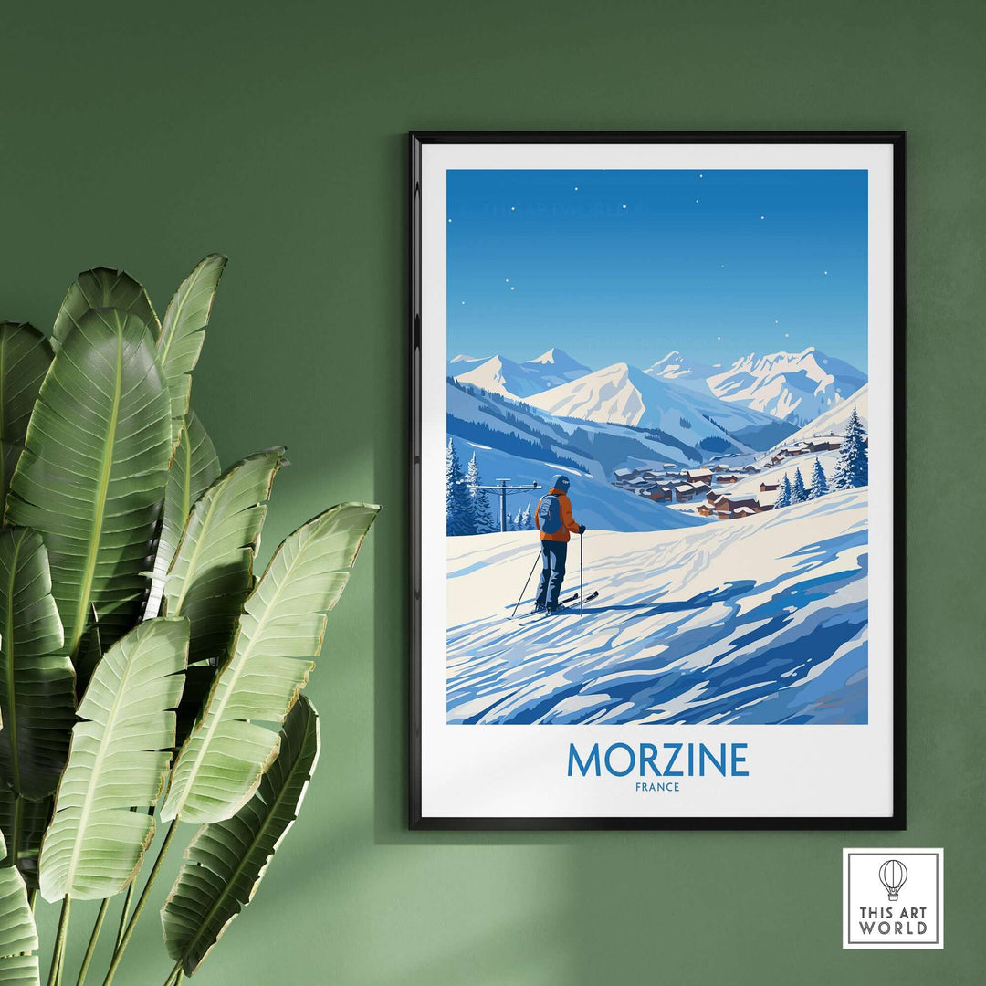 Morzine wall art with skier on snowy mountains, framed on green wall, by This Art World