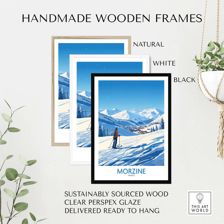 Morzine wall art in handmade wooden frames, available in natural, white, and black, showcasing snowy mountains.