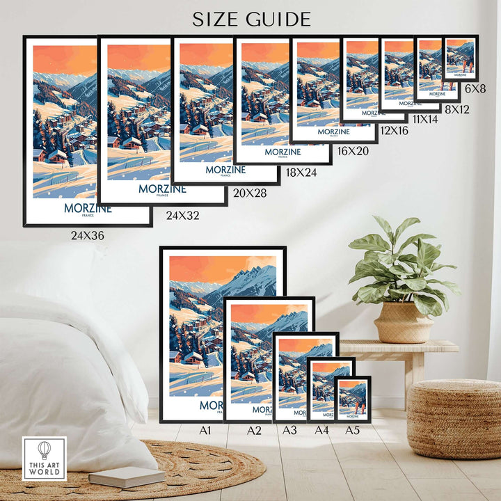 Morzine Wall Art Poster Ski Print Size Guide Displayed on Bedroom Wall