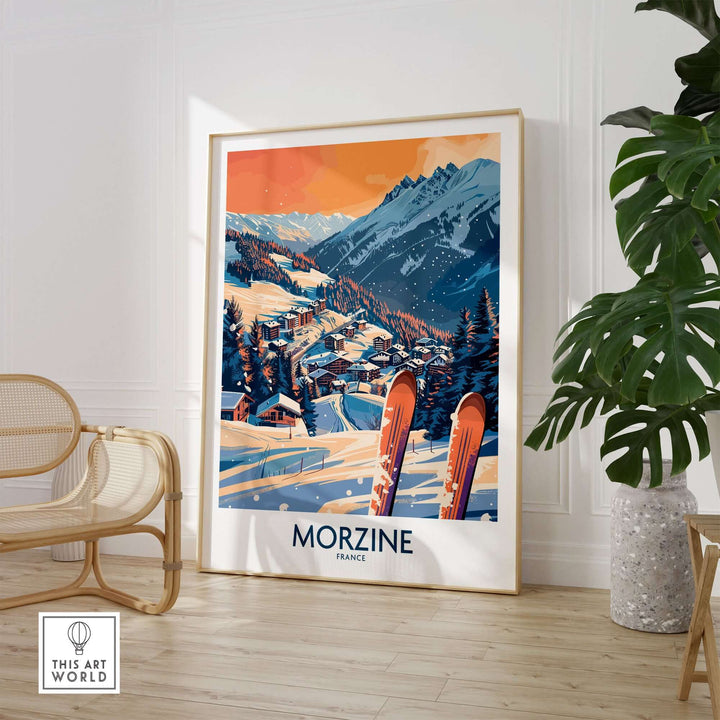 Morzine ski poster in a modern room, featuring snowy mountain scene with skis, wall art print by This Art World.