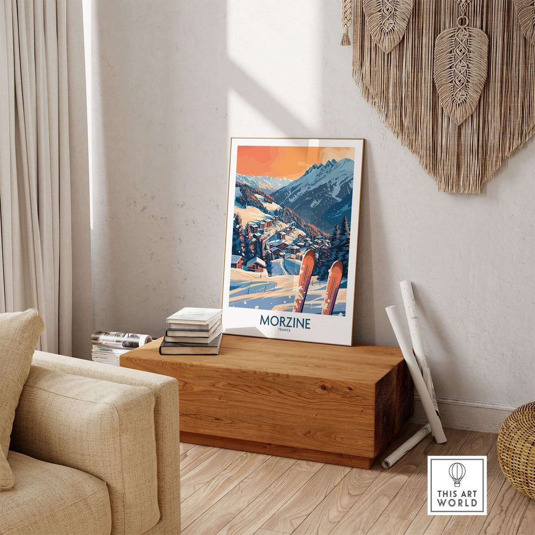 Morzine ski print wall art poster in cozy living room setting, featuring snowy mountain scene and skis.