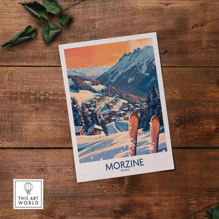 Morzine wall art poster featuring a vibrant ski scene with mountains, perfect for winter sports enthusiasts and home decor.