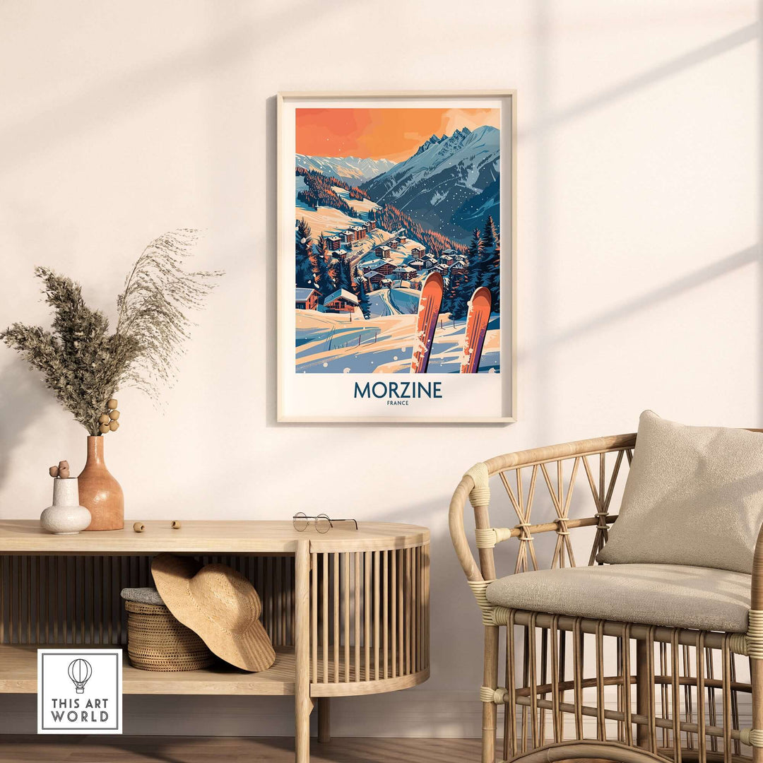 Morzine ski-themed wall art poster displayed in a cozy, modern room with natural decor elements.