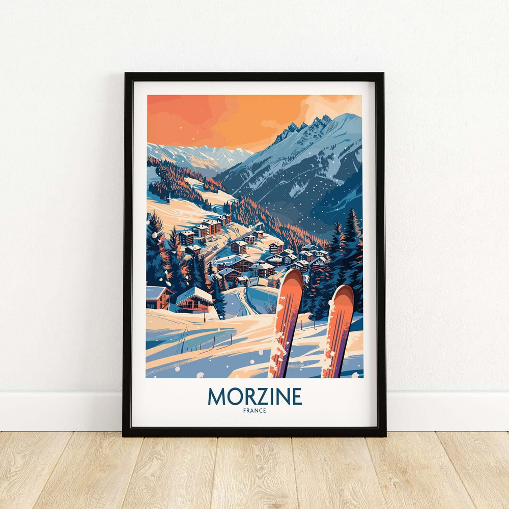 Morzine wall art poster depicting a scenic ski print with snowy mountains and a village, framed on a wooden floor.