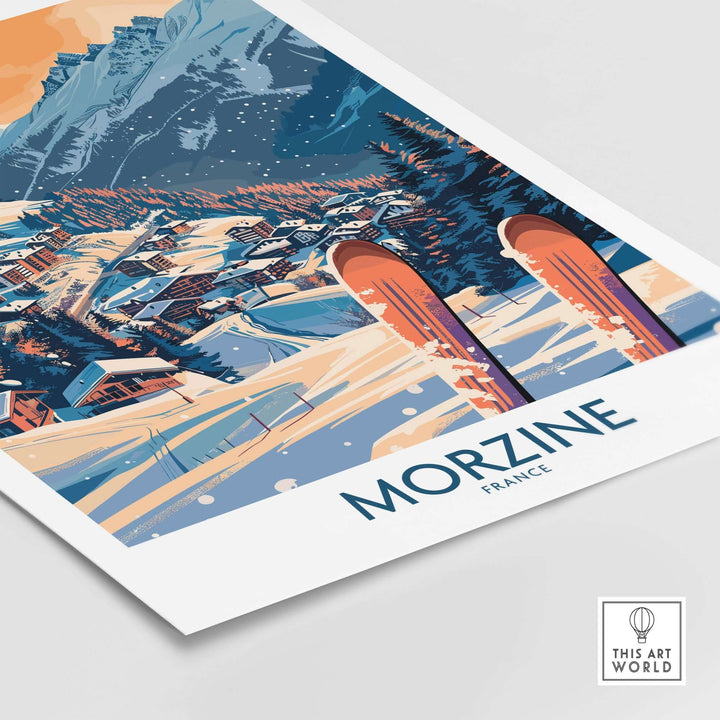 Morzine wall art poster featuring a vibrant ski scene in France, perfect for home or office decor.