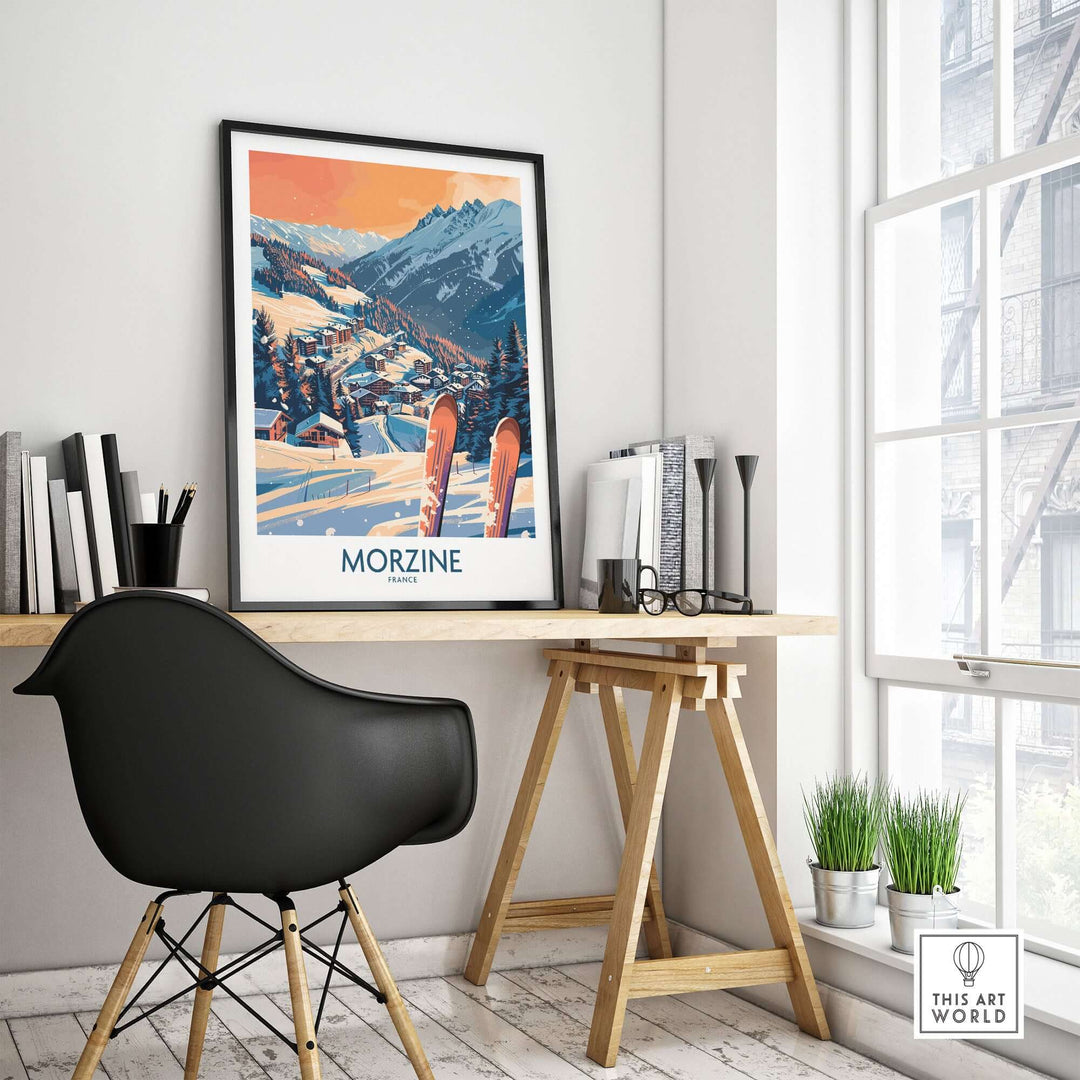 Morzine wall art poster featuring ski print displayed in modern home office setting.