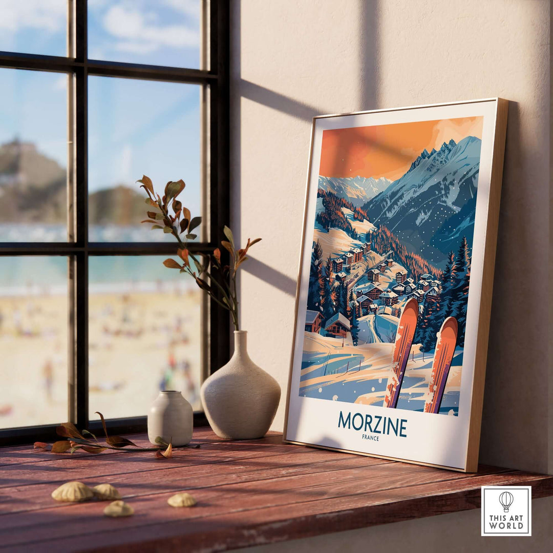 Morzine wall art poster with ski print displayed on a windowsill, showcasing a snowy alpine village and skis in the foreground.