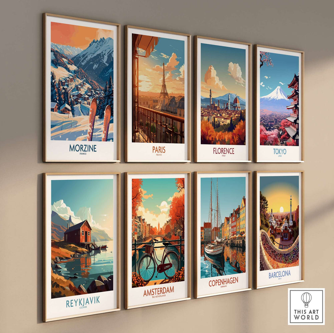 Wall display of eight city-themed art posters featuring Morzine, Paris, Florence, Tokyo, Reykjavik, Amsterdam, Copenhagen, and Barcelona.