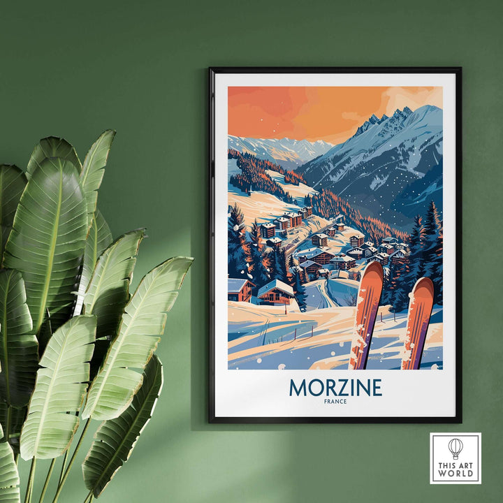 Morzine wall art poster featuring a vibrant ski print with snow-capped mountains and village scenery, displayed in a stylish frame