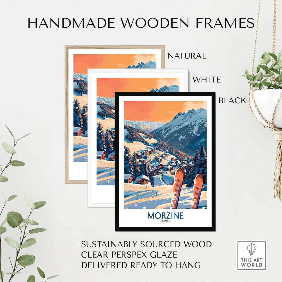 Morzine Ski Wall Art in Handmade Wooden Frames - Natural, White, and Black Options - Ready to Hang, Sustainable Materials