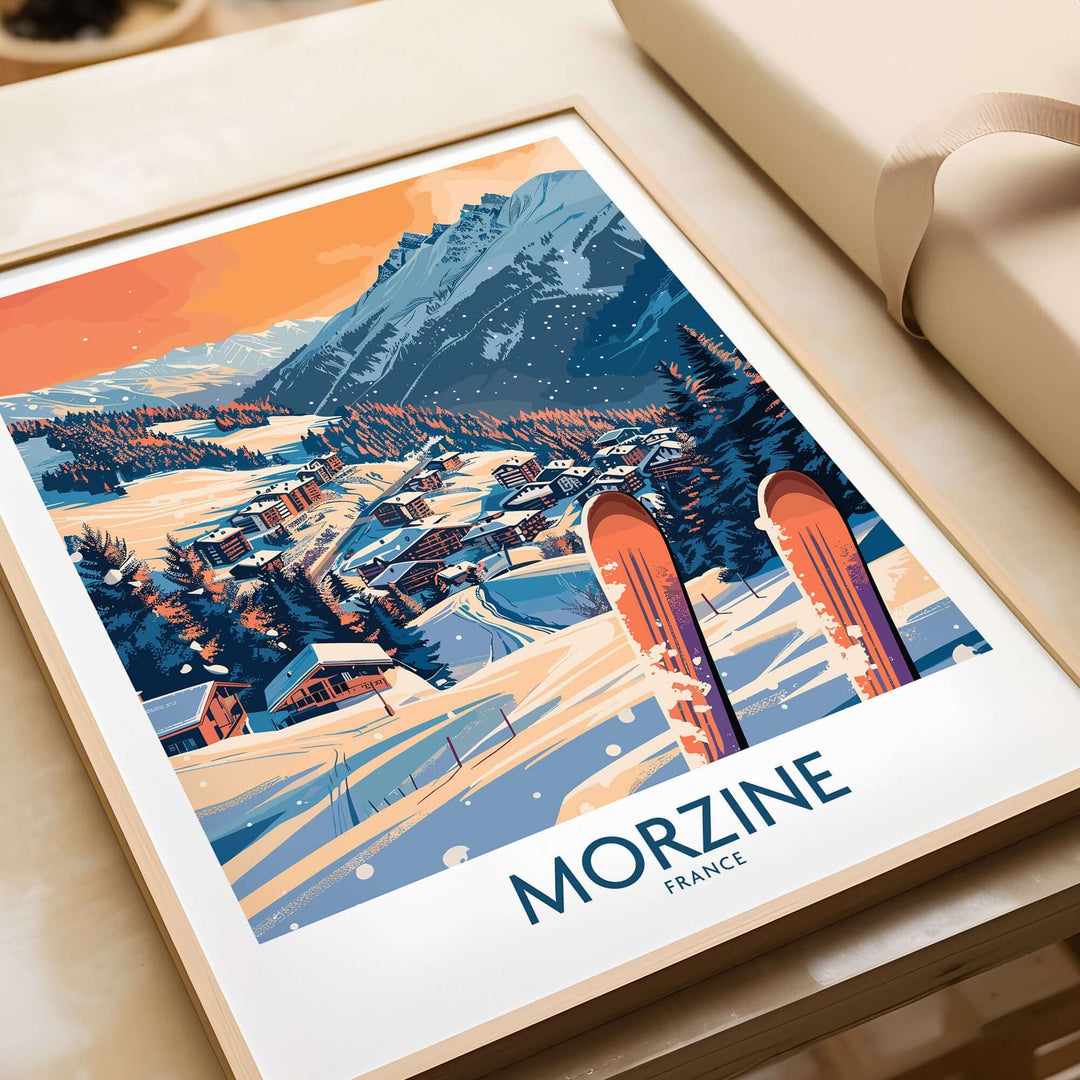 Morzine wall art poster featuring a vibrant ski print of snowy mountain landscape, ski slopes, and the town in winter.