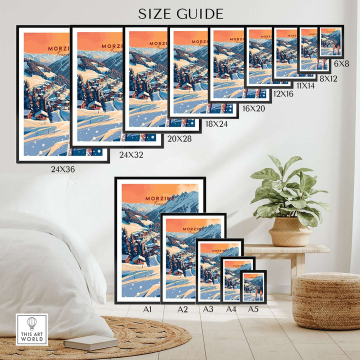 Morzine Wall Art Print Size Guide - Ski Poster in Various Dimensions Displayed in a Cozy Room Setting