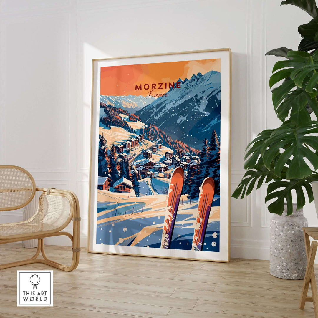 Morzine wall art print featuring a ski scene with mountains and village, adding a winter sports theme to home decor.