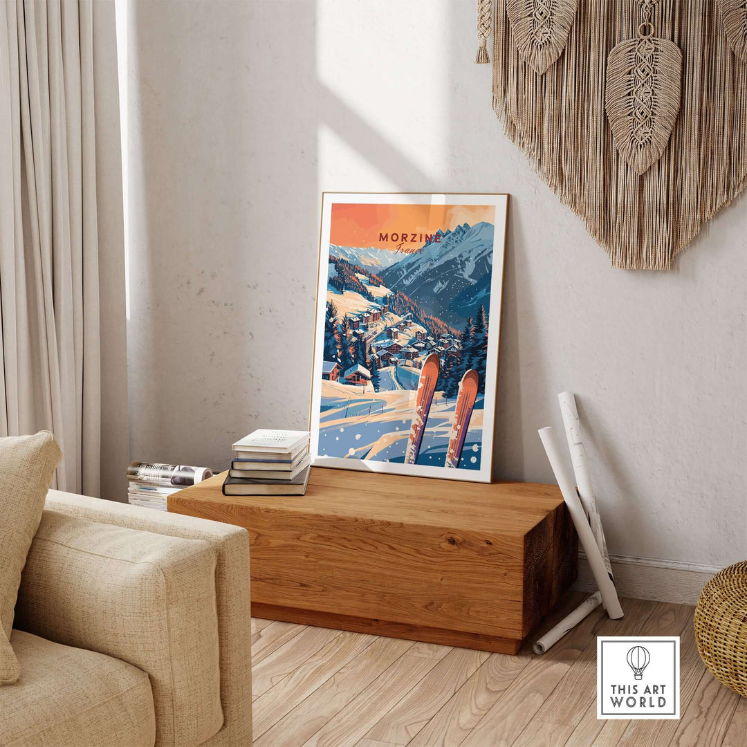 Morzine wall art print displayed in a cozy living room, featuring a scenic ski poster with snow-covered mountains and ski poles.