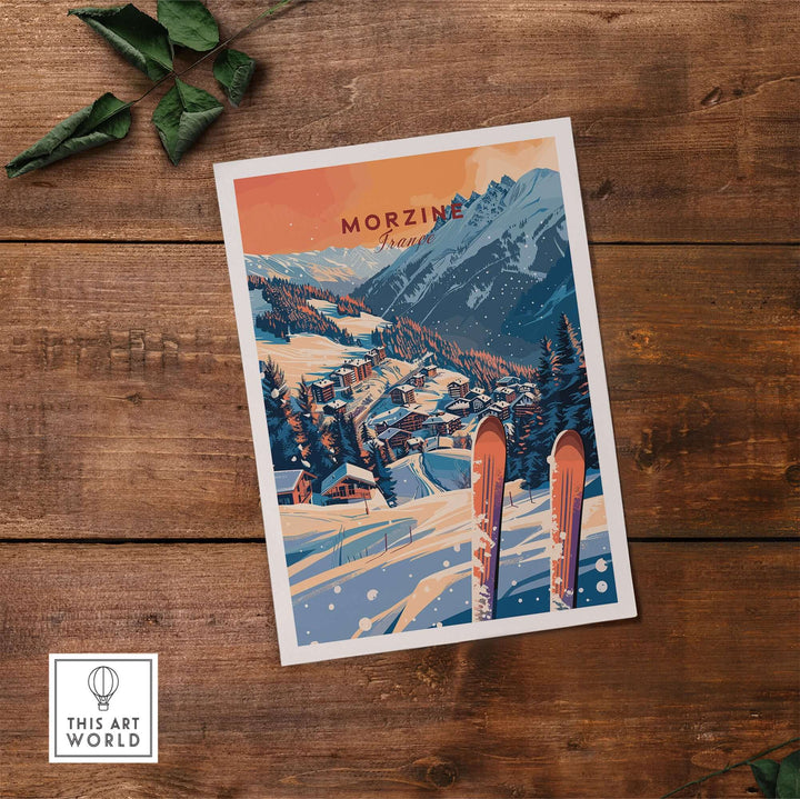 Morzine wall art print featuring a ski scene with mountains and snow, perfect for ski enthusiasts and home decor.