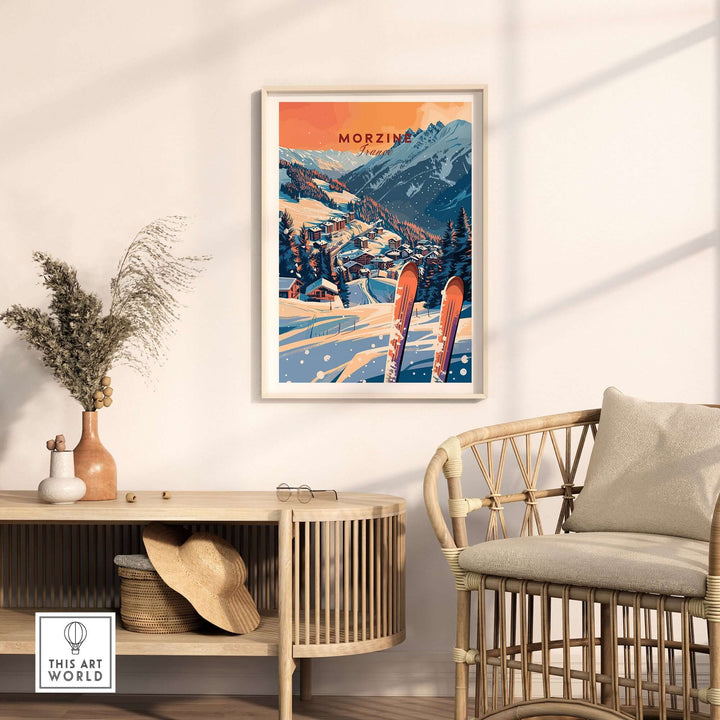 Morzine ski poster wall art print in a cozy living room setting with mountain scenery.