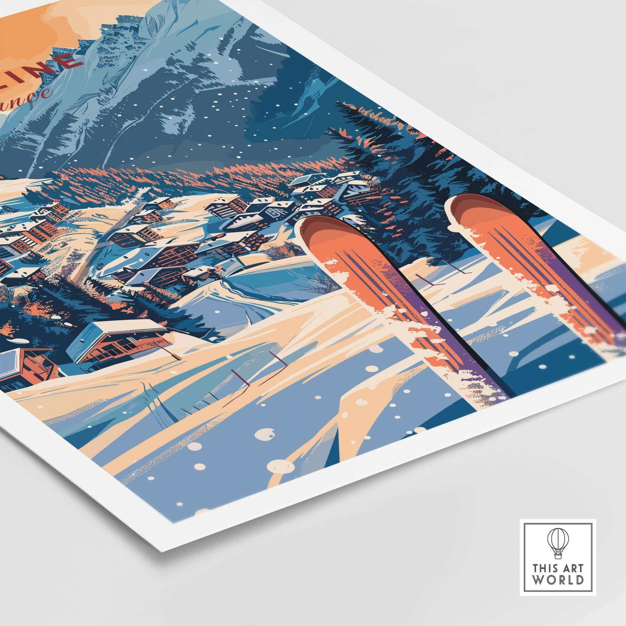 Morzine ski resort wall art print featuring snowy mountain village and skis, perfect for winter sports enthusiasts and home decor.