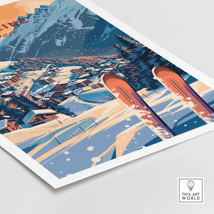 Morzine ski resort wall art print featuring snowy mountain village and skis, perfect for winter sports enthusiasts and home decor.