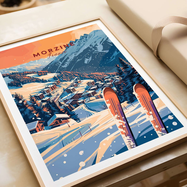 Vibrant Morzine ski poster showcasing snowy mountains and village, perfect wall art print for ski enthusiasts.