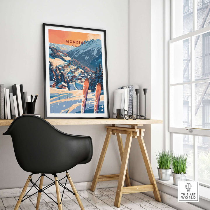 Morzine wall art print featuring a ski scene, stylishly displayed on a modern desk in a bright room with window view.