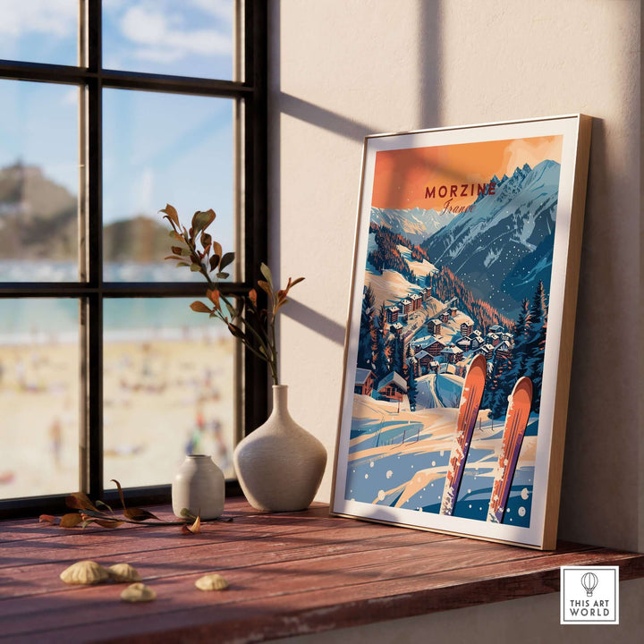 Morzine wall art print showcasing a vibrant ski poster with snowy mountain scenery, displayed on a sunlit windowsill with decorative vases.