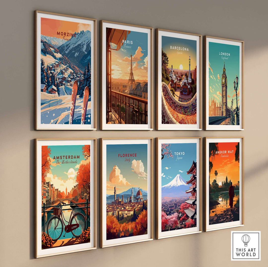 Collection of travel-themed wall art featuring Morzine, Paris, Barcelona, London, Amsterdam, Florence, Tokyo, and Angkor Wat prints.