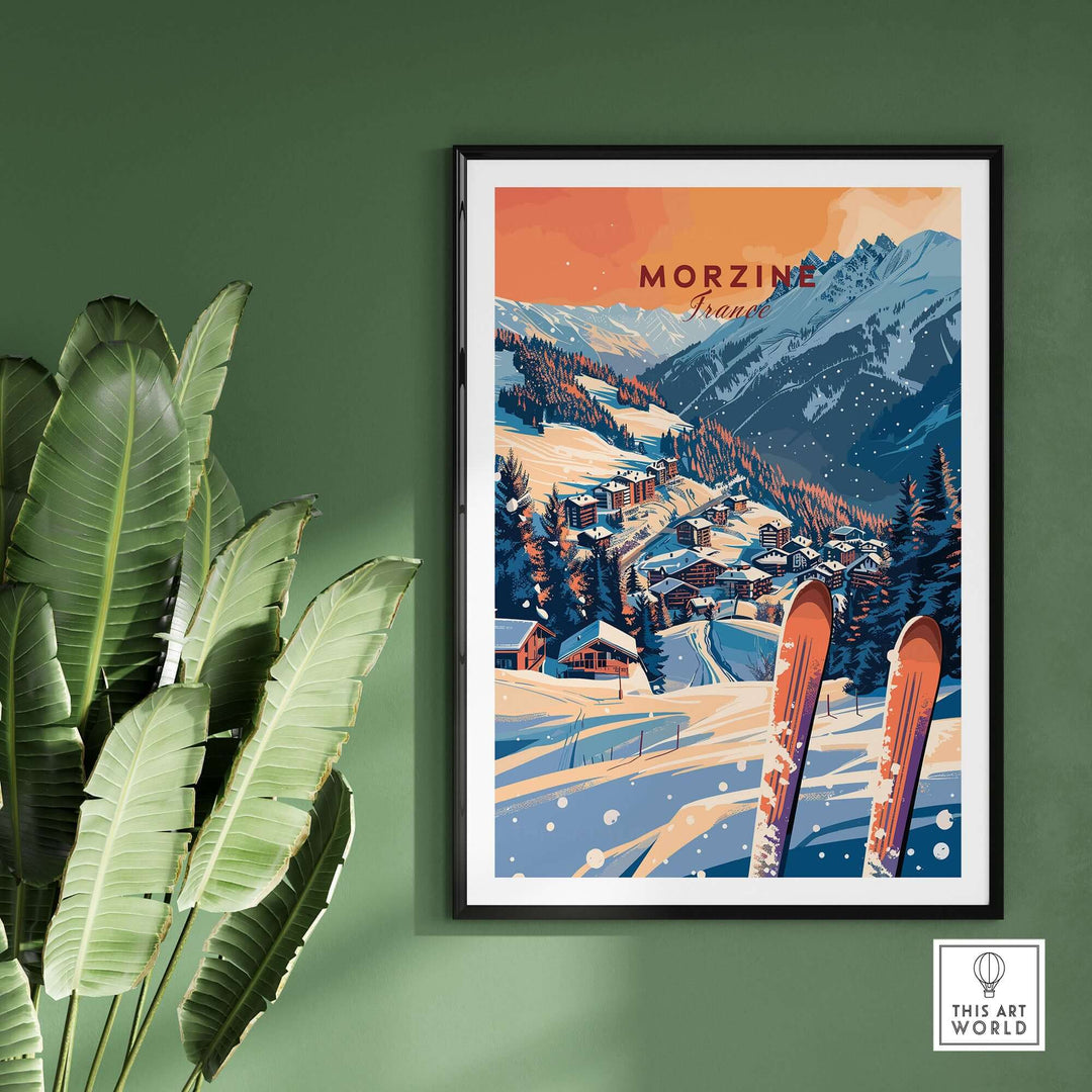 Morzine ski poster wall art print with scenic mountain view and skis, displayed in a stylish room with green walls and plant.