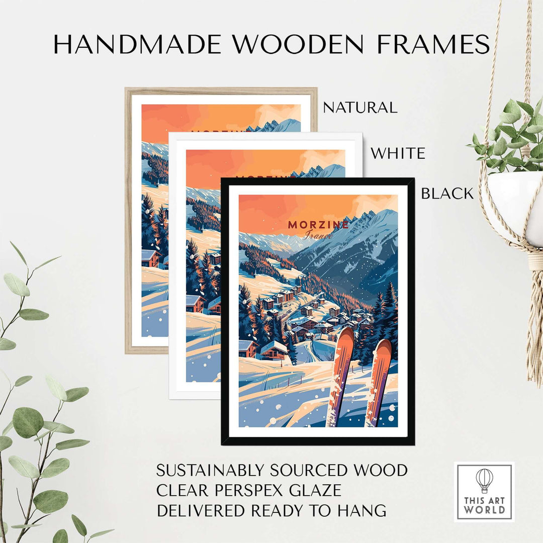 Morzine ski resort wall art print in handmade wooden frame, available in natural, white, or black.