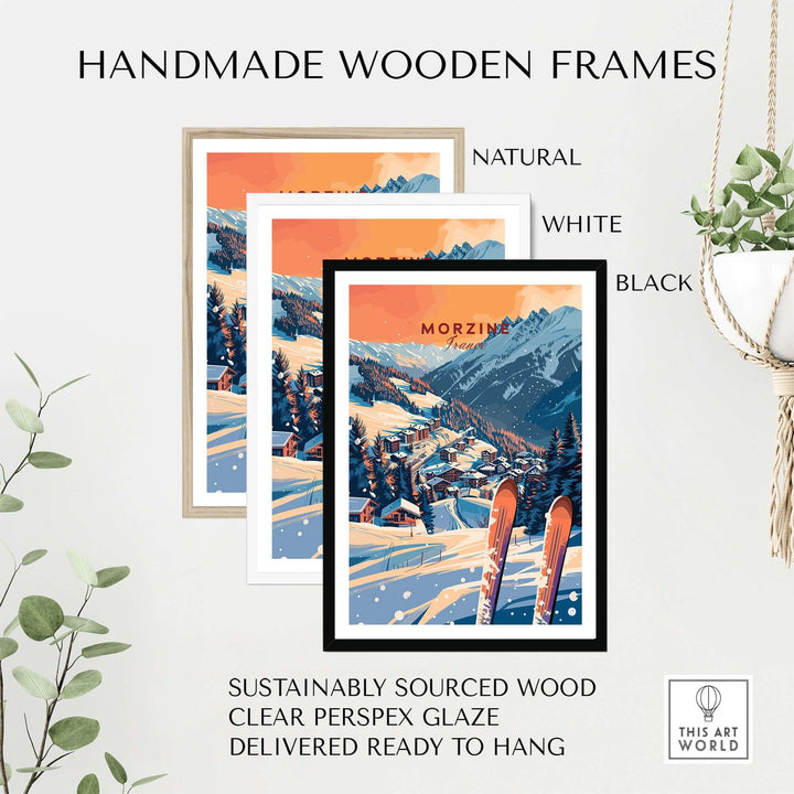 Morzine ski resort wall art print in handmade wooden frame, available in natural, white, or black.