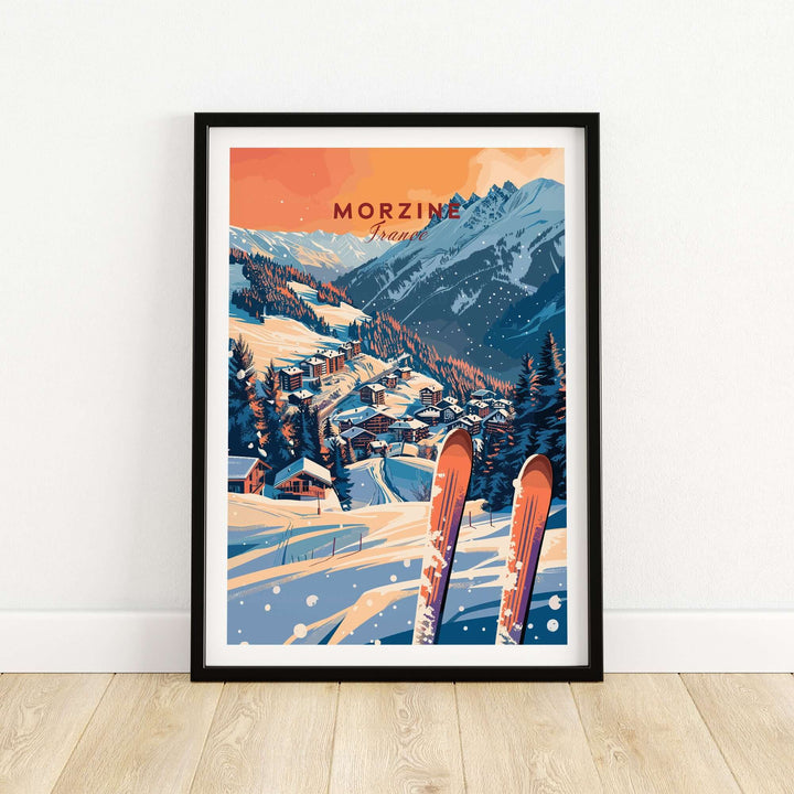 Morzine ski resort wall art print featuring vibrant mountain scenery, perfect for home decor and ski enthusiasts.