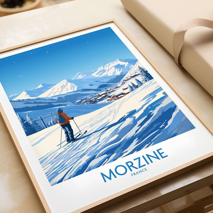 Morzine wall art featuring a skier in a winter landscape with snow-covered mountains in the background