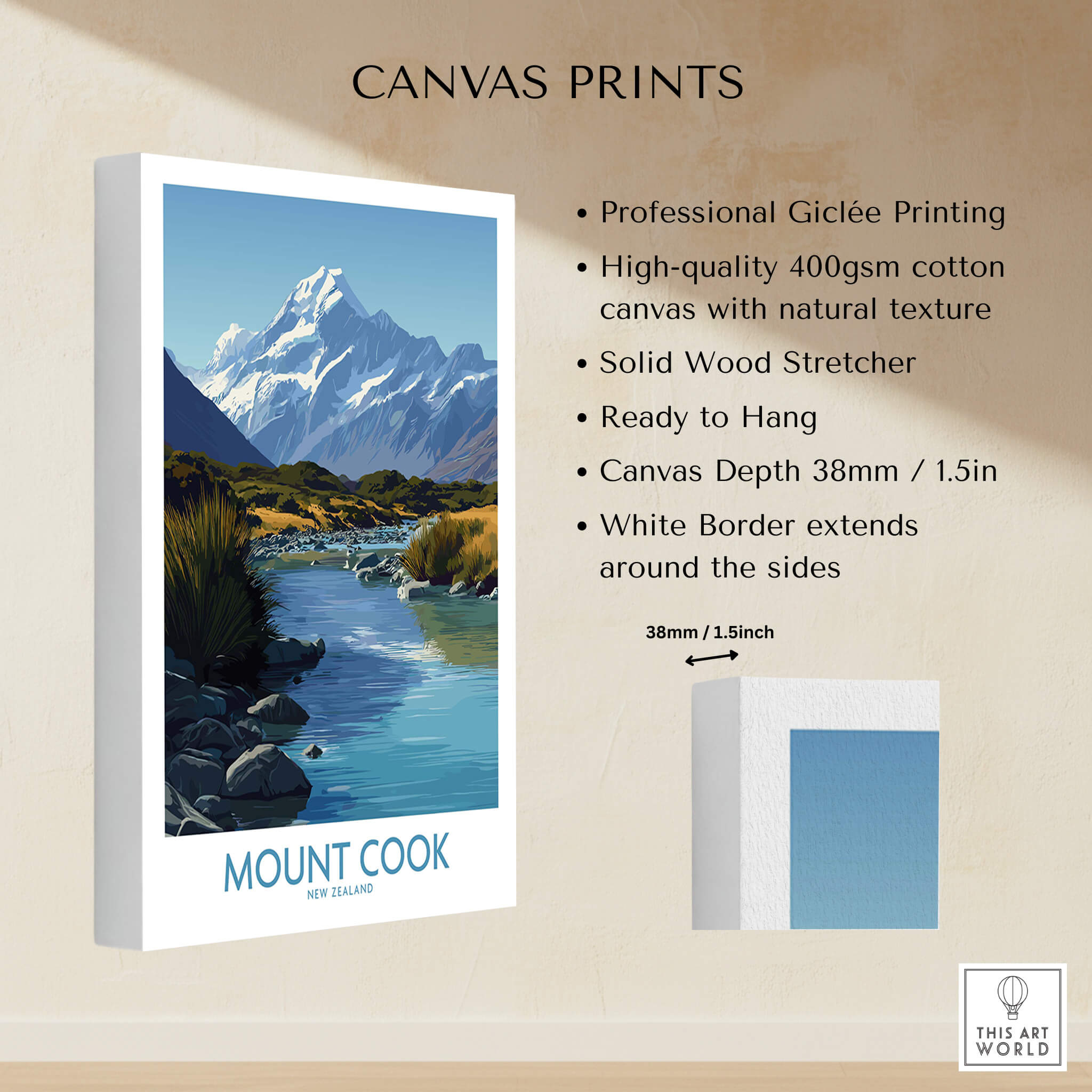 Mount Cook New Zealand Canvas Print | Scenic Alpine Landscape Poster showing professional Giclée printing and design details.