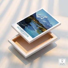Mount Cook New Zealand Canvas Print | Scenic Alpine Landscape Poster displayed on a white box, showcasing a beautiful alpine scene.