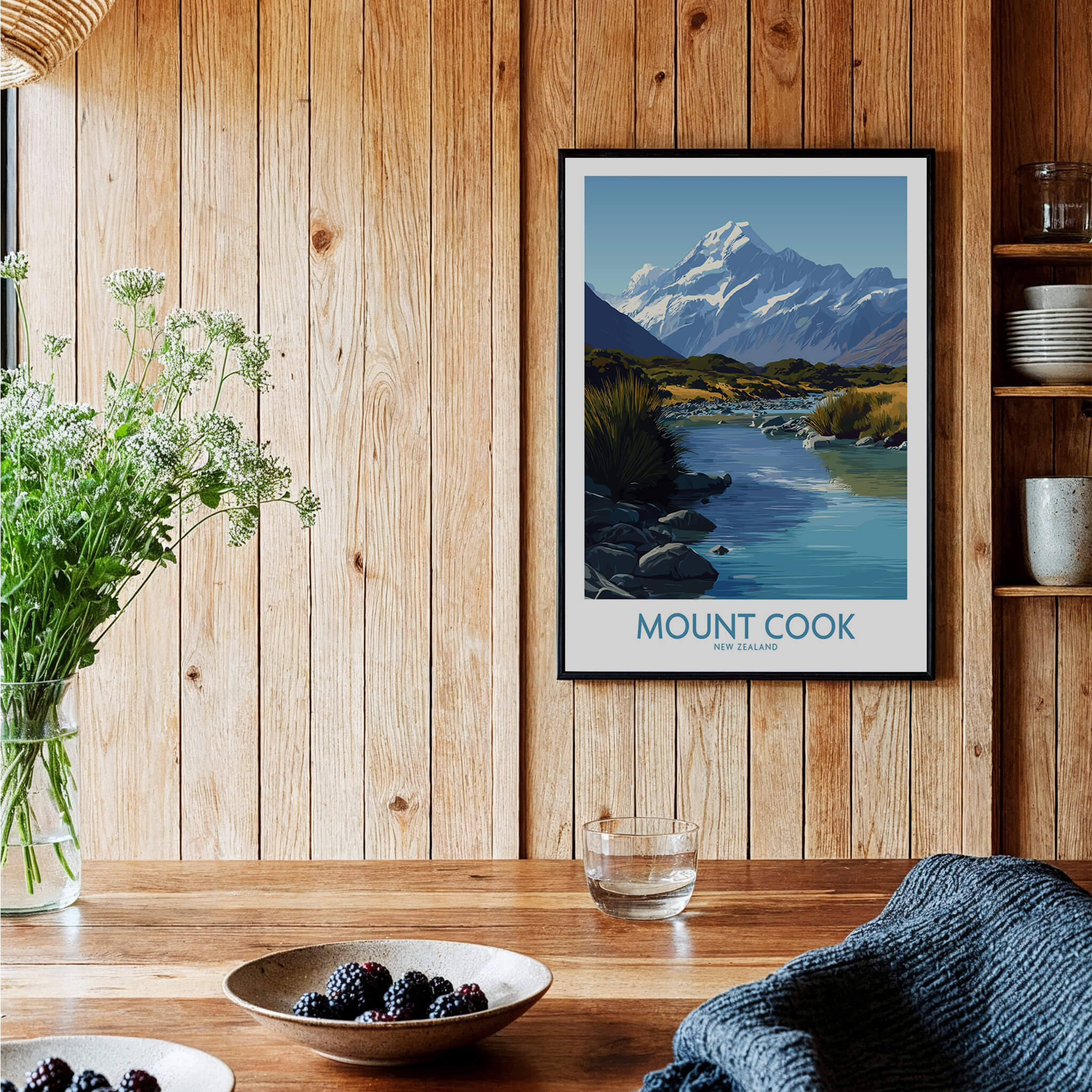 Mount Cook New Zealand Canvas Print | Scenic Alpine Landscape Poster displayed on a wooden wall with a scenic view.
