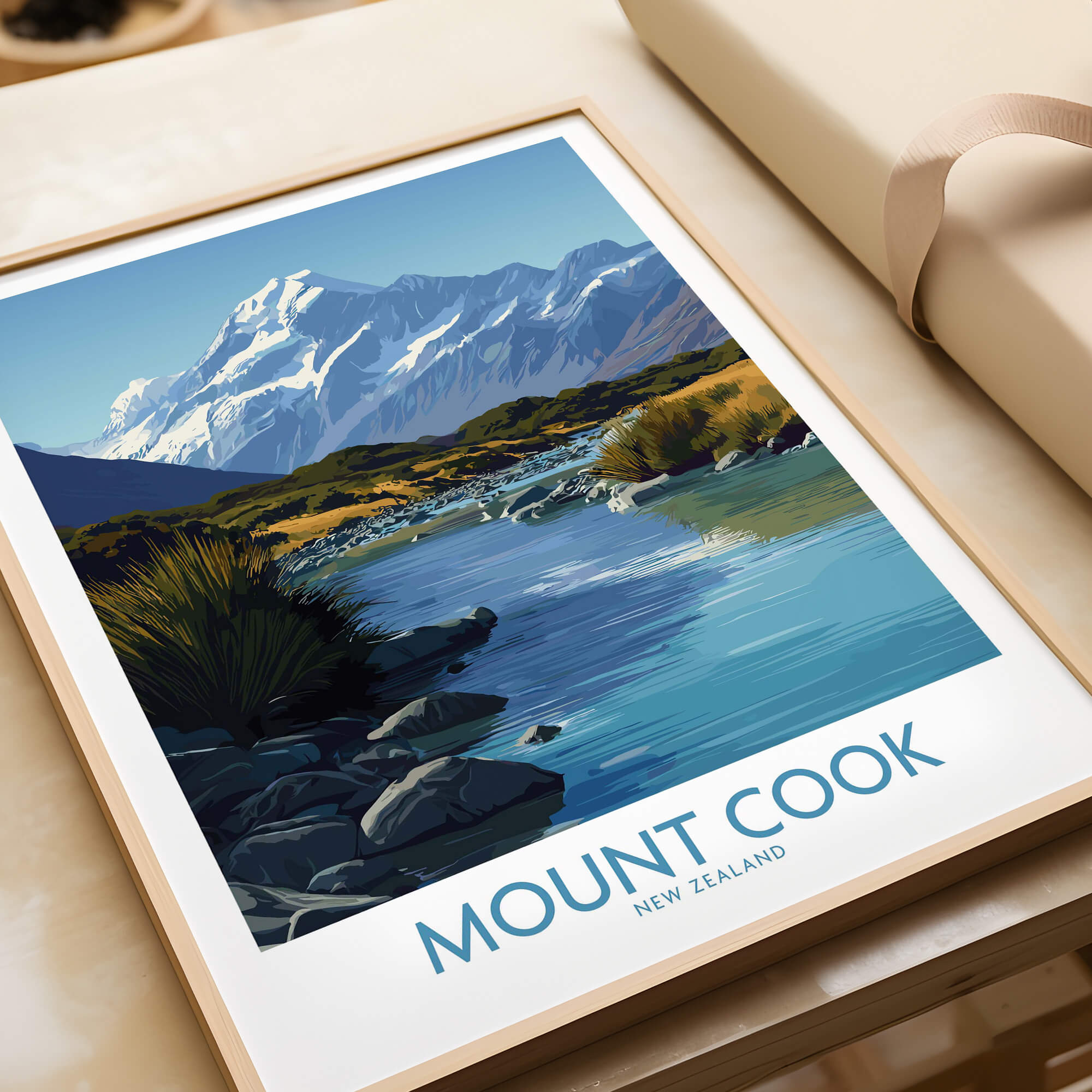 Mount Cook New Zealand Canvas Print | Scenic Alpine Landscape Poster featuring a stunning view of mountains and river.