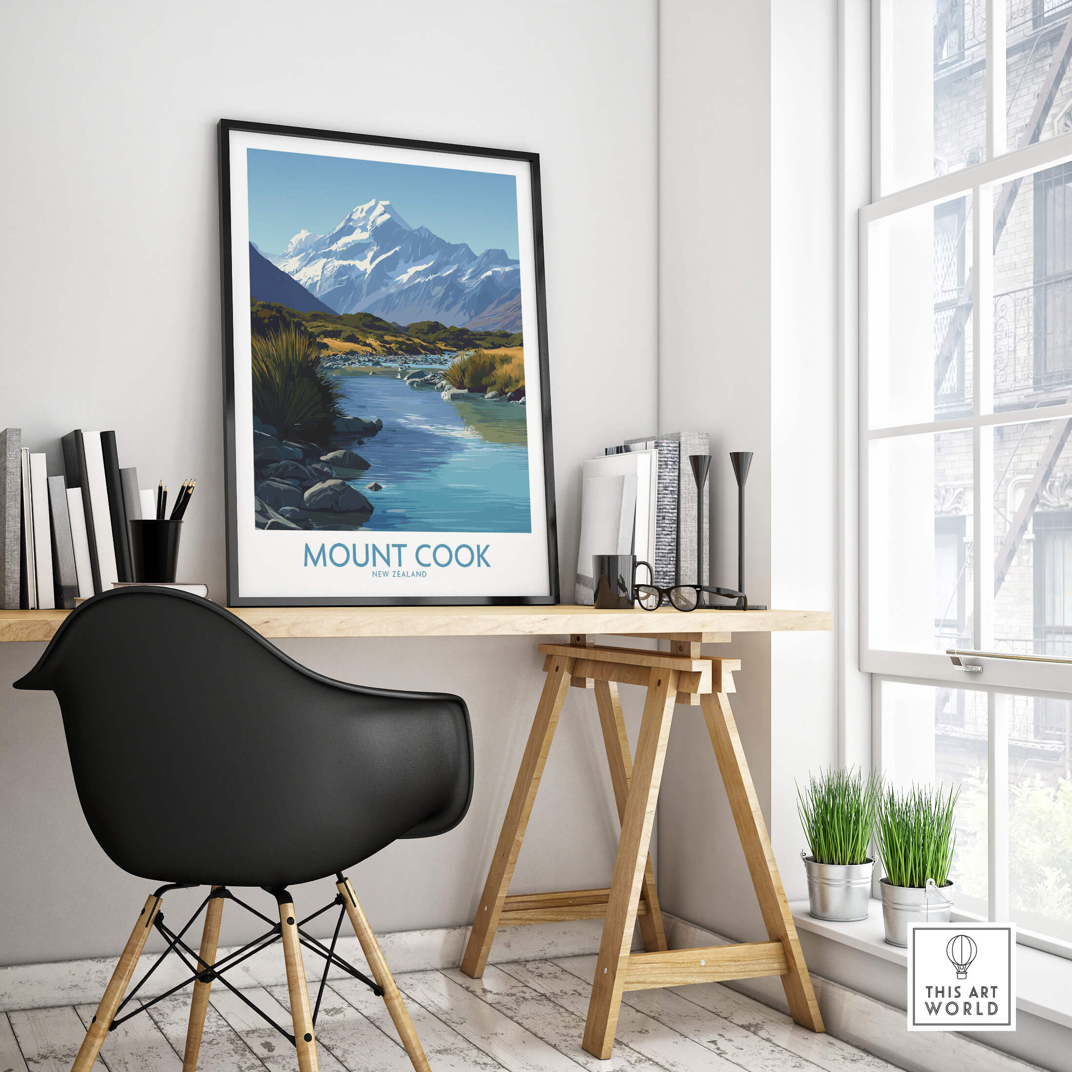 Mount Cook New Zealand Canvas Print | Scenic Alpine Landscape Poster displayed in a stylish home office setting.