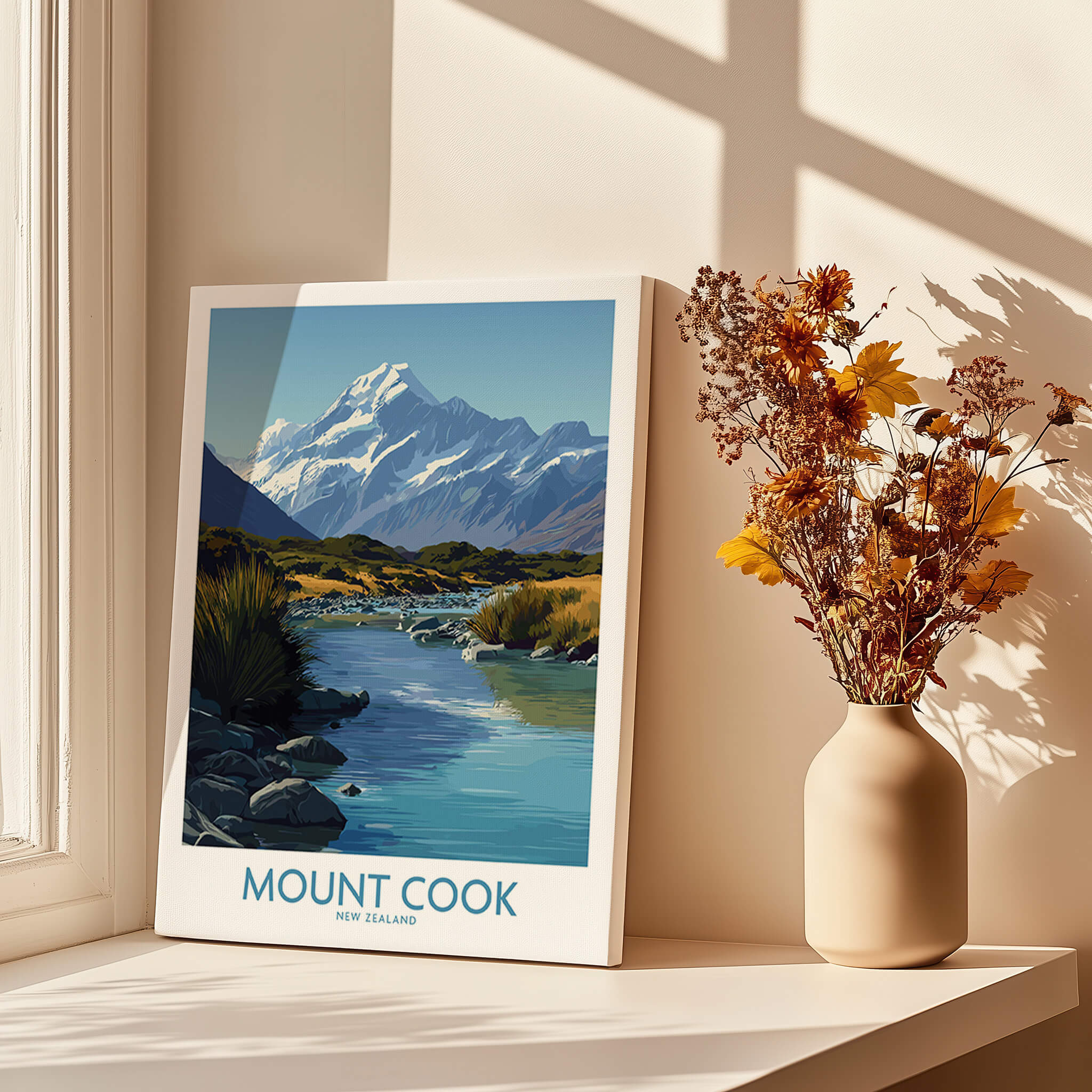 Mount Cook New Zealand Canvas Print | Scenic Alpine Landscape Poster displayed on a windowsill with flowers.