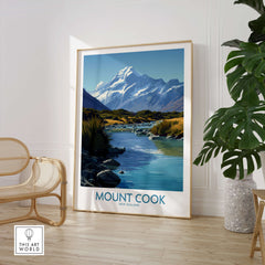 Mount Cook New Zealand Canvas Print | Scenic Alpine Landscape Poster displayed in a modern interior with a river and mountains.