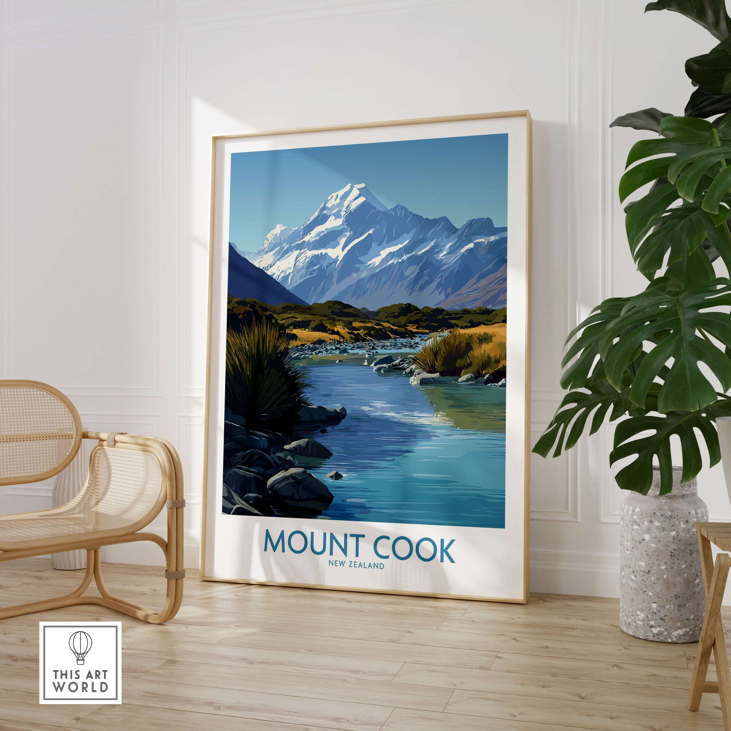 Mount Cook New Zealand Canvas Print | Scenic Alpine Landscape Poster displayed in a modern interior with a river and mountains.