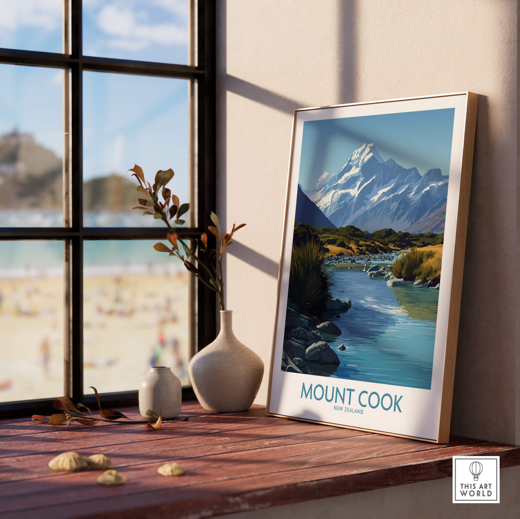 Mount Cook New Zealand Canvas Print | Scenic Alpine Landscape Poster displayed in a cozy interior with a scenic view.