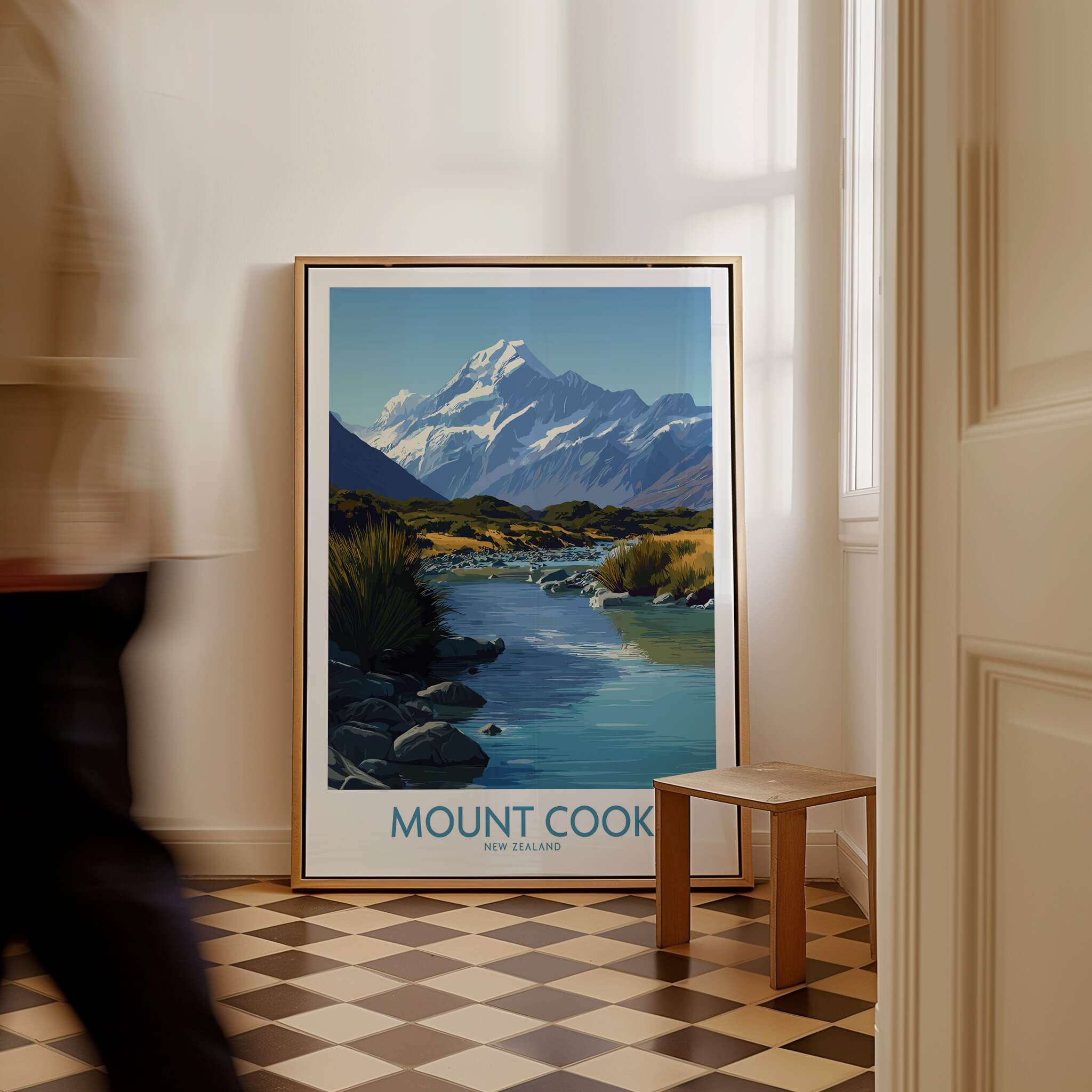 Mount Cook New Zealand Canvas Print | Scenic Alpine Landscape Poster displayed in a stylish interior.