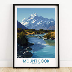 Mount Cook New Zealand Canvas Print | Scenic Alpine Landscape Poster showcasing a river and mountains in vibrant colors.