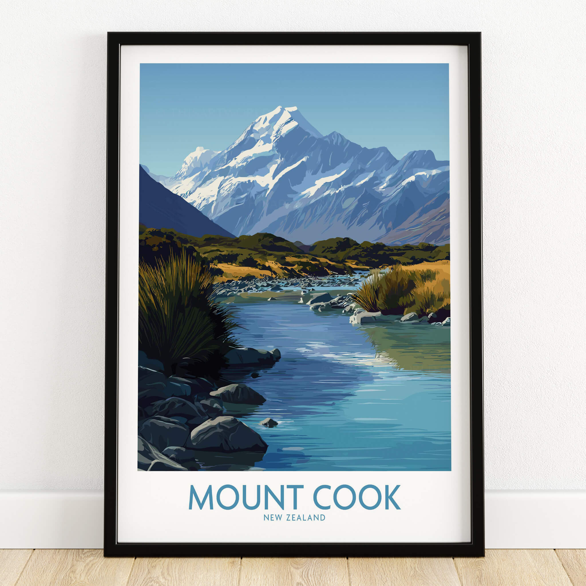 Mount Cook New Zealand Canvas Print | Scenic Alpine Landscape Poster showcasing a river and mountains in vibrant colors.